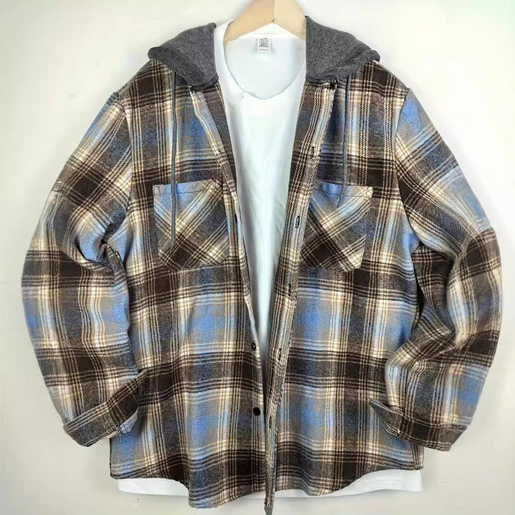 Men's Striped Plaid Casual Loose Button Lapel Long Sleeve Hooded Cardigan Shirt Jacket