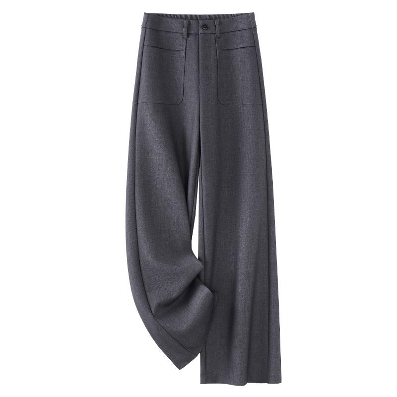 Women's Gray Wool Wide-Leg Trousers - 2024 New Autumn/Winter Tencel Straight-Leg Draping Suit Pants