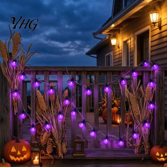 DIY Halloween Atmosphere Lamps 10/20FT String Light, Battery Powered Purple LED Large Spider/Bat Garland, Spooky Small Spider Light Strands