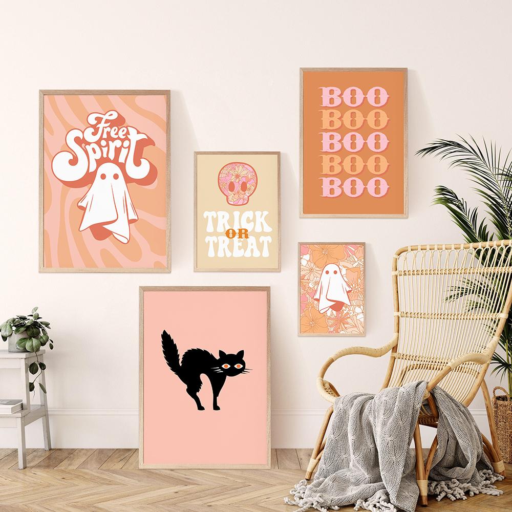 Хэллоуин настенная живопись печать милый пастель ретро холст картина бохо абстрактный тыква призрак плакат картины декор детской комнаты