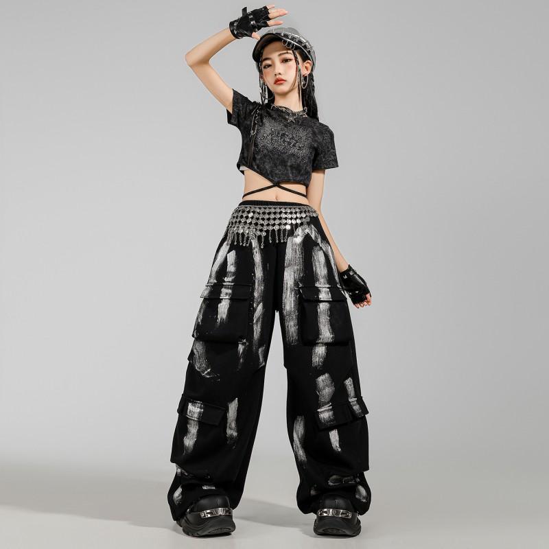 Girls Jazz Dance Outfit Set Short Sleeve Crop Top Graffiti Pants Street Style Performance Costume Kids Teens