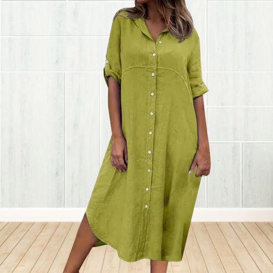 Summer Women Dress SIngle-breasted Half Sleeves Turn-down Collar Loose Solid Color Buttons Commute Daily Wear Midi Dress