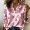 Women Satin Long Sleeve Shirt Flamingo Print Blouse Lapel Single Breasted Elegant Loose Office Tops