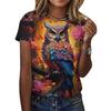 Summer Owl Print T-Shirt for Women, Casual Round Neck Short Sleeve, Harajuku Style Loose Top, Women's Clothing