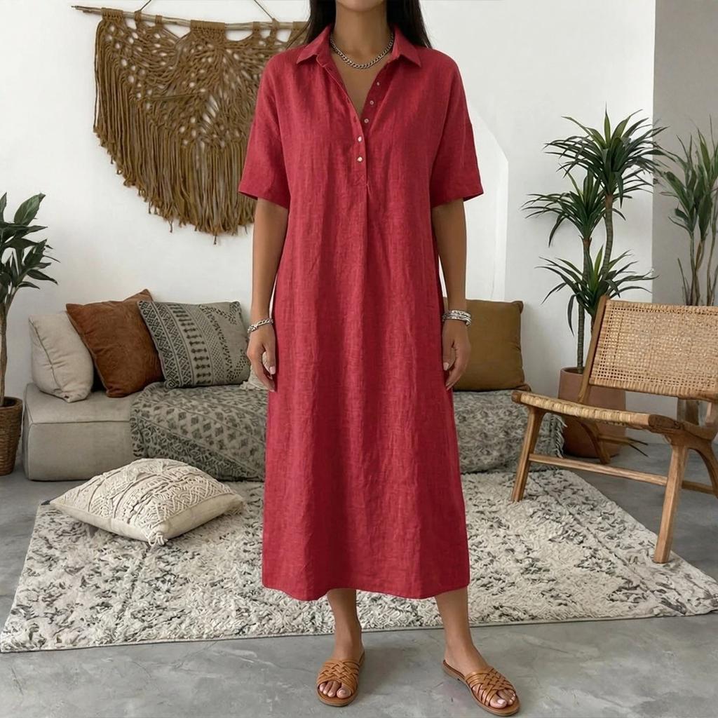 Женское прямое и удобное льняное платье с V-образным вырезом и коротким рукавом