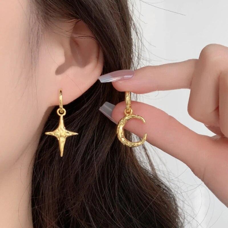ANENJERY Асимметричные серьги-кольца с лунной звездой для женщин, складные серьги-капли, ювелирные изделия, подарки на вечеринку