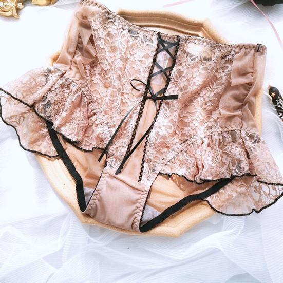 Women High Waist Cross Lace-up Briefs Lightweight Lace Trim Hip Lifting