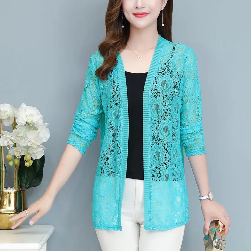 XL-5XL Spring and Summer Plus Size Women's Tops Mid-length Lace Cardigan Thin Coat Casual Long-sleeved Sun Protection Clothing