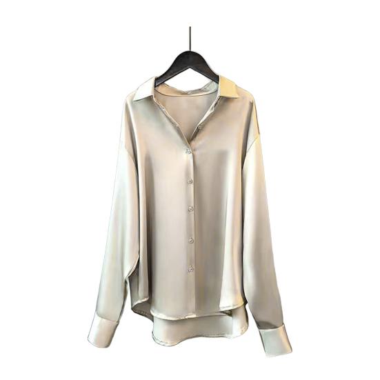 Женская рубашка с лацканами, длинный рукав, однобортная рубашка, однотонная, гладкая, атласная, свободного кроя, повседневная рубашка