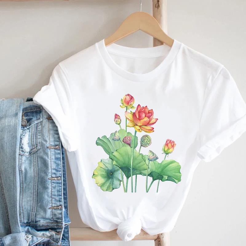 (Asian Size) Short Sleeve T Shirt Watercolor Flower Style 90s Fashion Women Casual Tee Top Clothing Print Ladies Female Graphic T-shirts