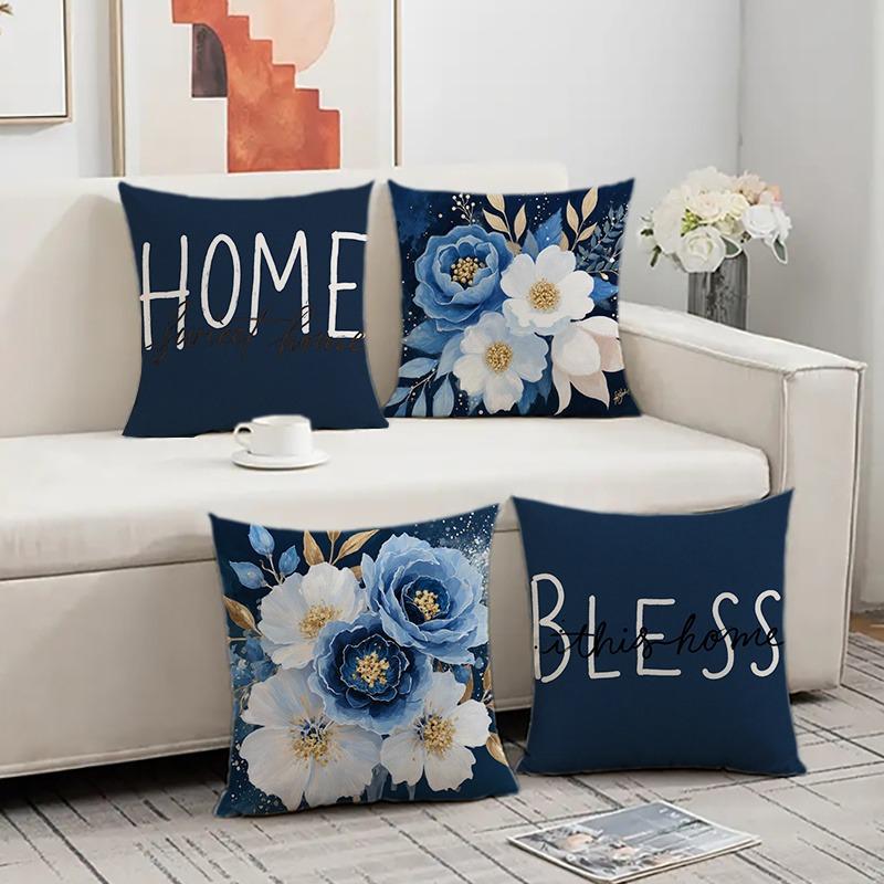 2D Flat - Set of 4 2D Flat Printed Floral Spring And Summer Minimalist Pillow Covers, Available in Multiple Sizes, Featuring Single-Sided Printing Wit