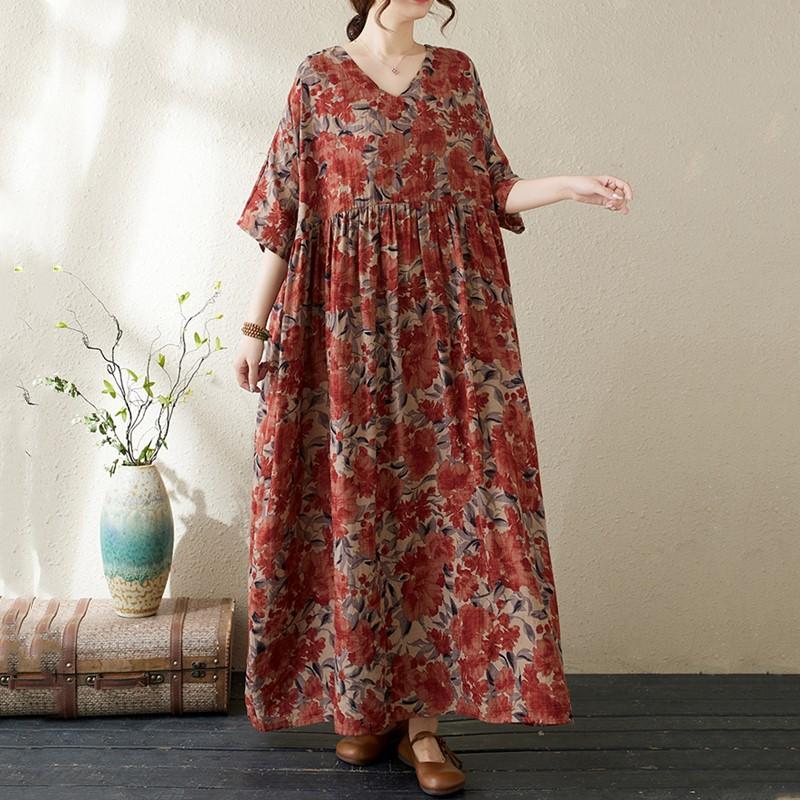 Новое хлопковое платье больших размеров с коротким рукавом и цветочным принтом для женщин, повседневное свободное длинное летнее платье