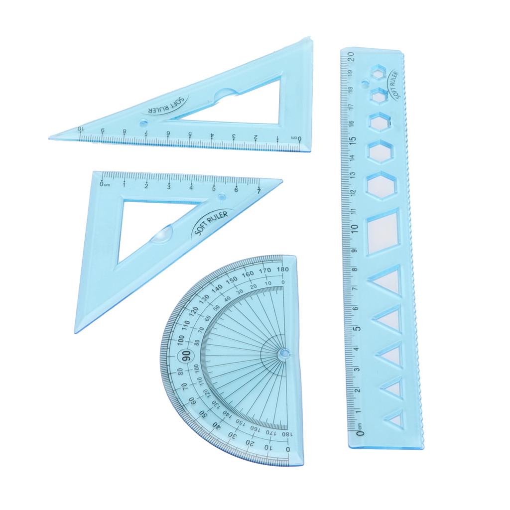 Набор линеек из четырех частей, мягкий пластик, прозрачный синий, инструменты для измерения длины угла с волнистой линией для Ki