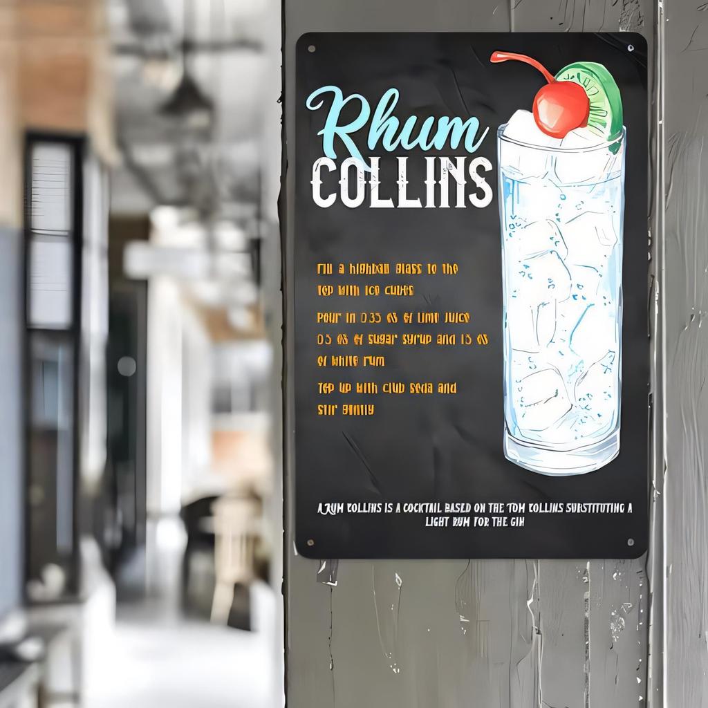 Tin Sign Rhums Collins Vintage Bar Poster Humor Cocktail Wall Plaque Art for Pub Man Cave Garage Kitchen Decor Retro Metal Sig