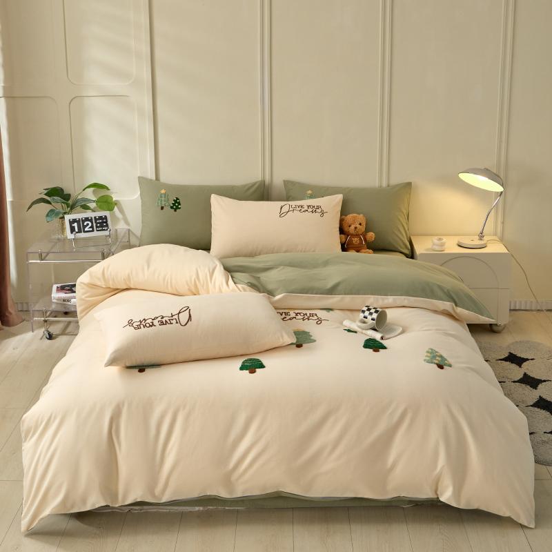 Sleep grid cotton brushed cartoon embroidery four piece set