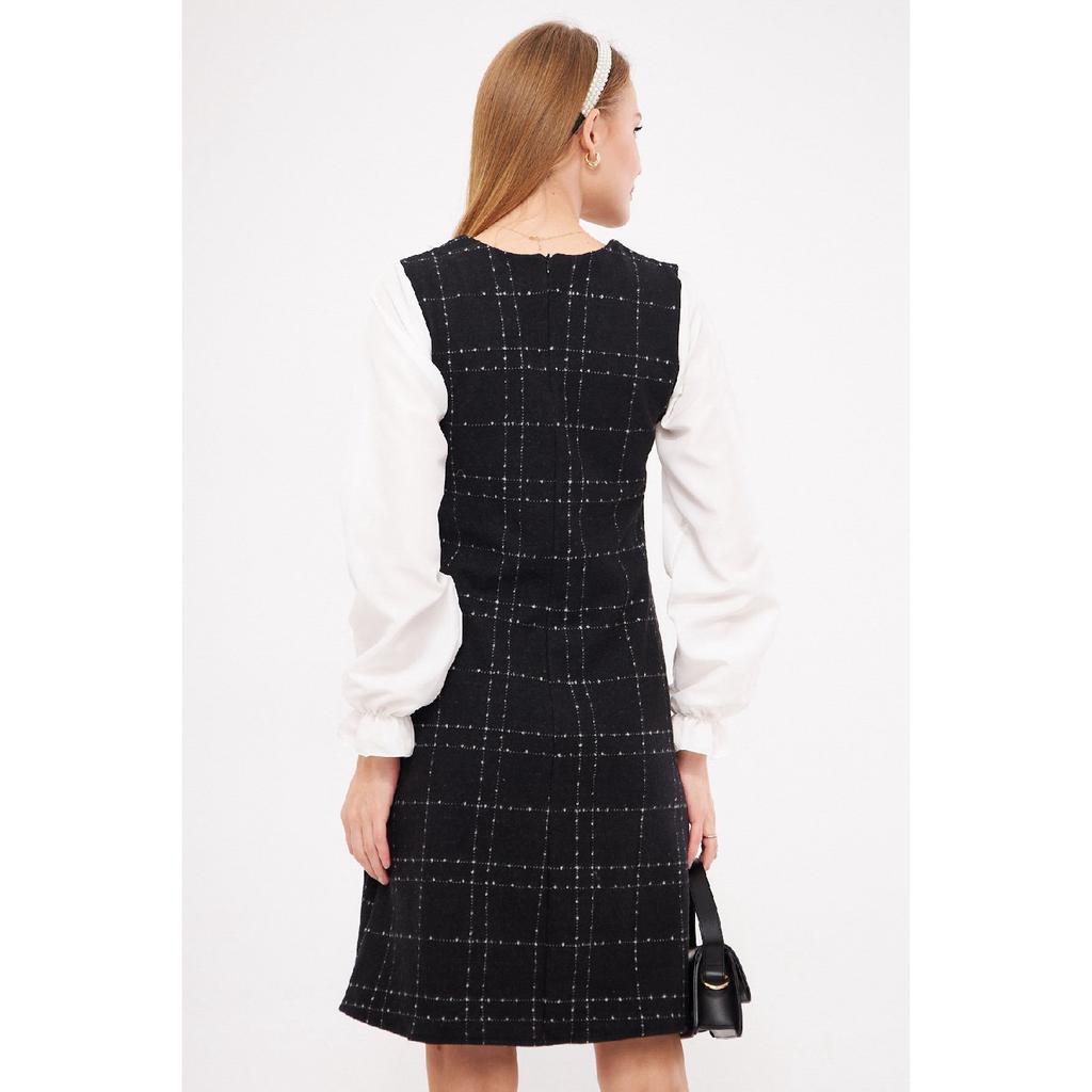 Women's Black-white Plaid Square Collar Long Sleeve Dress Arm-22y001182
