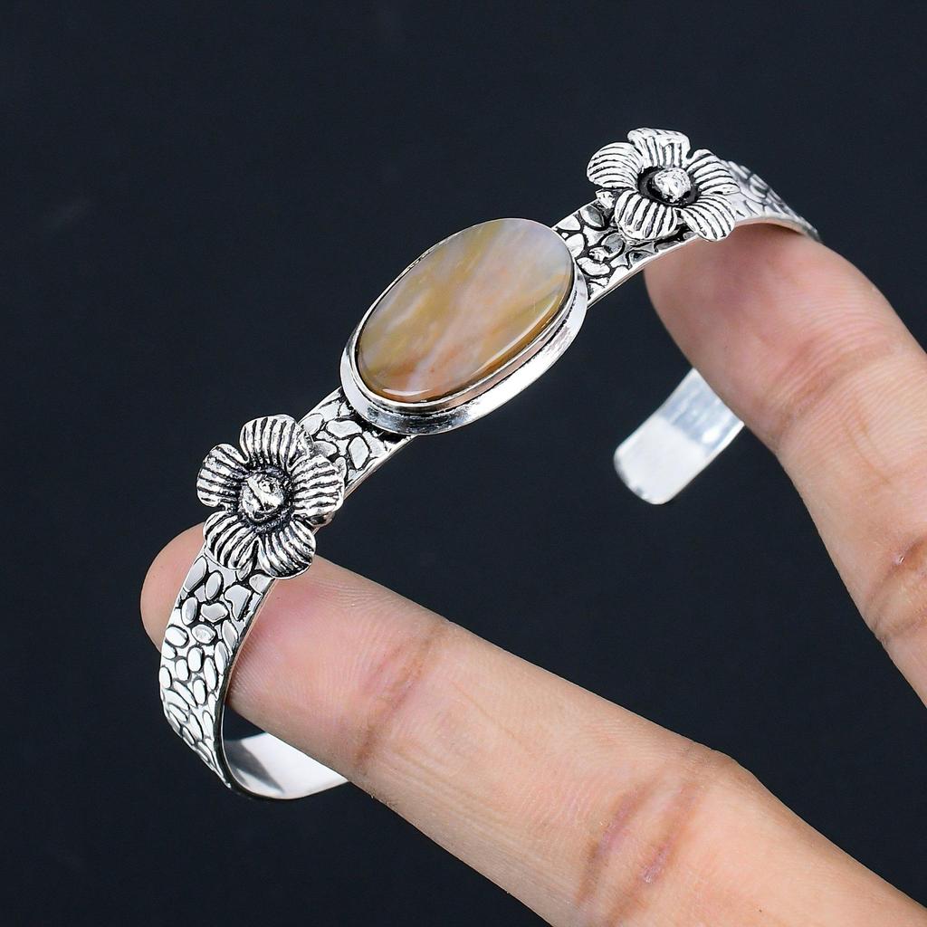 Сделка ко Дню матери Серебро 925 пробы Пейзажная яшма Драгоценный камень Новый браслет-бенгл с цветком