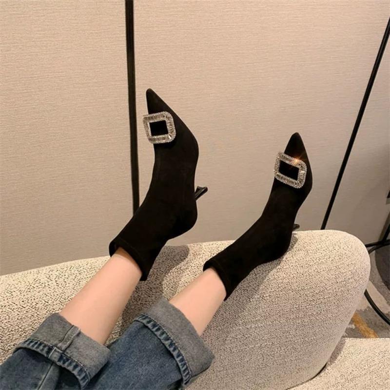 Fashion Autumn New Thin Heel Single Boots Women's Fashion Pointed Rhinester Buckle Suede Temperament Short Boots