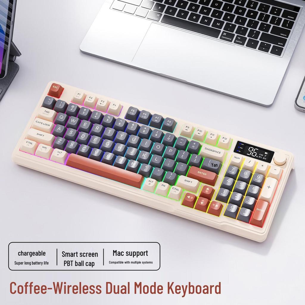 Беспроводная Bluetooth-клавиатура Free Wolf M96 с двумя режимами: Сферические колпачки клавиш из PBT, Дисплей, Управление ручкой, Механическое ощущение, Готовность к играм.