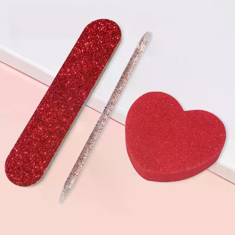 12Pcs Glitter Nail Care Kit - Heart-Shaped Buffer, Crystal Rod, And Double-Sided File For Nail Art And Pedicures
