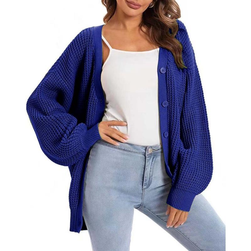 Lantern Sleeve Knitted Plus Size Cardigan Sweater Coat Women V-Neck Single Breasted Lazy Style Cardigan