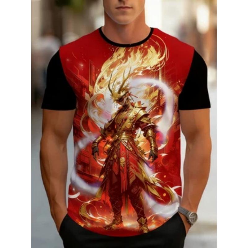 3D printed men's black short-sleeved T-shirt, fantasy warrior theme suitable for summer casual wear
