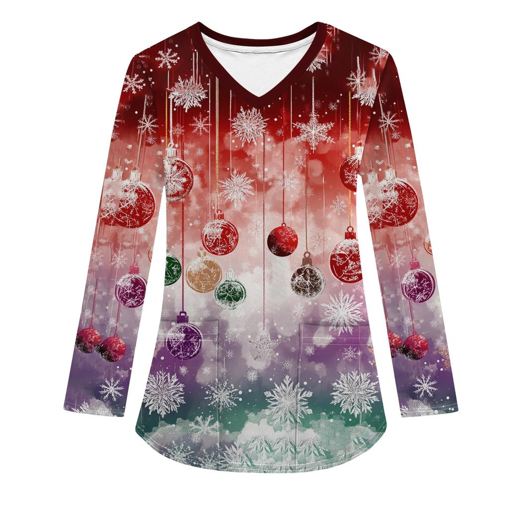 Женская модная рабочая одежда с V-образным вырезом, длинным рукавом и карманом, рождественский принт, футболка, топ