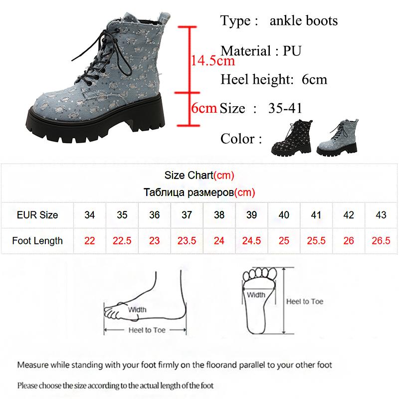 Ботильоны на толстой платформе с панковскими блестками для женщин 2024 Y2K, джинсовые ботинки с толстой подошвой в стиле пэчворк, женские черные готические ботинки Mujer