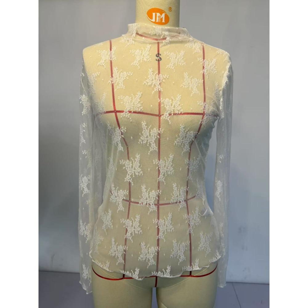 Женский сексуальный сетчатый топ с полувысоким воротником и прозрачными длинными рукавами