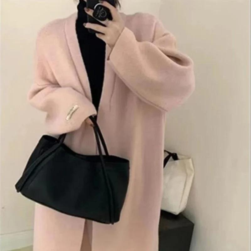 Вязаные длинные кардиганы для женщин, пальто, однотонный свитер осень-зима, ажурная вязка, модная верхняя одежда, элегантный повседневный кардиган