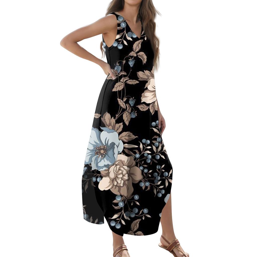 Женский 2024 летний повседневный свободный сарафан длинное платье с цветочным принтом без рукавов с v-образным вырезом и разрезом футболка платья макси