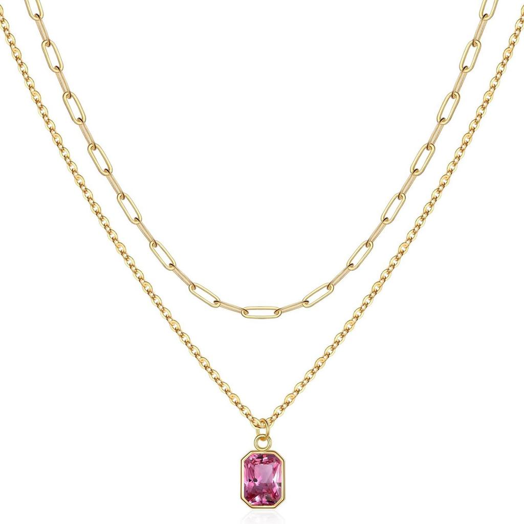 Elegant Double Layer Necklace Featuring December Birthstone And 18k Gold Plating Rectangular Design Neckchain For Women