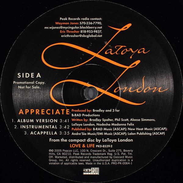 12-дюймовая пластинка LATOYA LONDON, BLACK THOUGHT - Appreciate PROPK00641 Peak Records 2005 US Rap & Hip-Hop/R&B Б/у