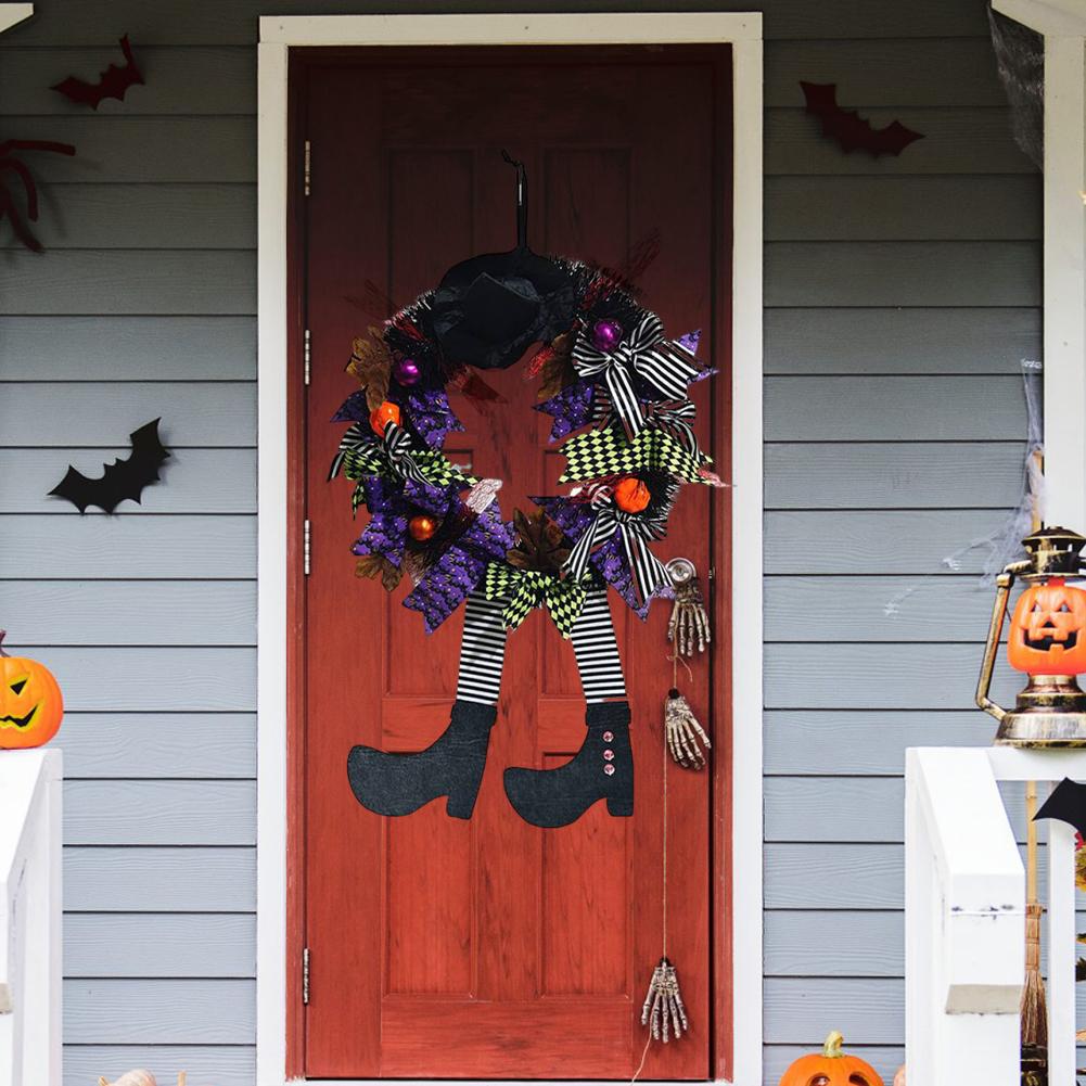 Halloween Black Wreath with Hat Witches Legs Pumpkin Long Legged Wicked Witch Wreath Front Door Garlands for Party Decor