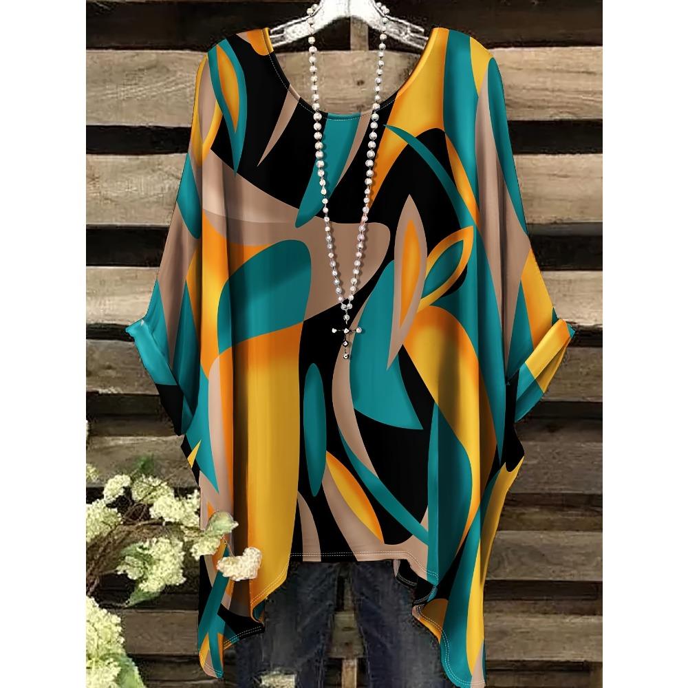Plus Size Ladies Fashion Style Elegant Bohemian Vacation Style Irregular hem Crew Neck T-Shirt