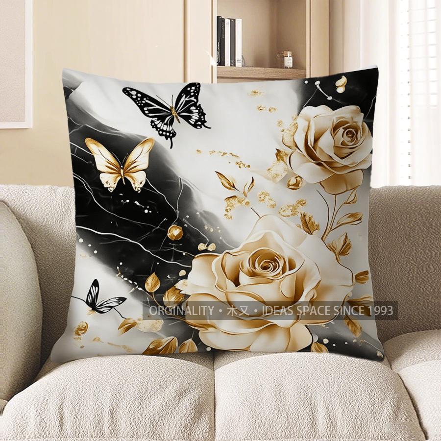 Home Decor Marble Pattern With Rose & Butterfly Pillow Pattern Cushion Cover Suitable For Sofa Bedroom Car Pillow Cover