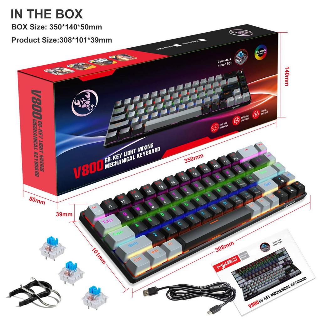 68-Key Wired Mechanical Gaming Keyboard with Hot-Swappable Blue Switches, Two-Color Keycaps, and Ice Blue Lighting