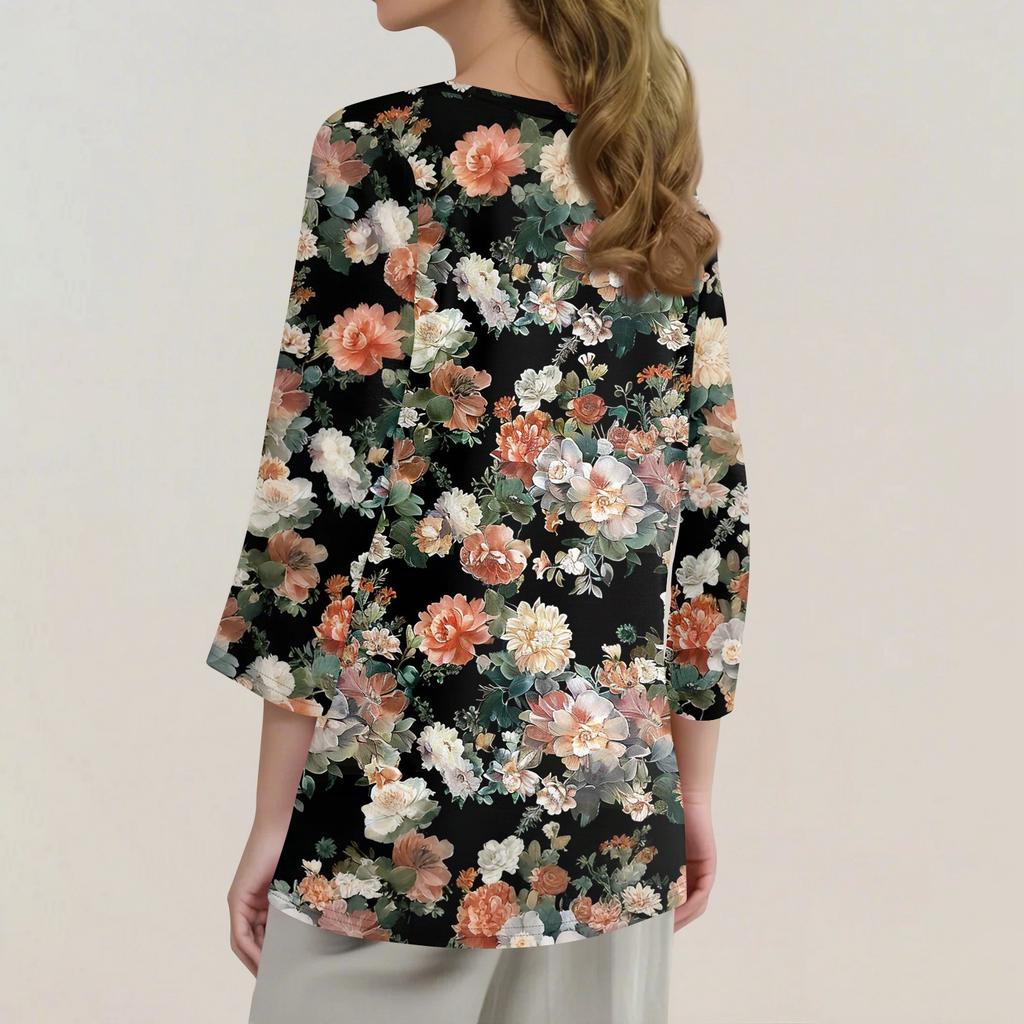 Жен. Футболка С принтом Пуговицы Рукав 3/4 Повседневные Выходные Мода Классический Классический V-образный вырез Обычный Верх