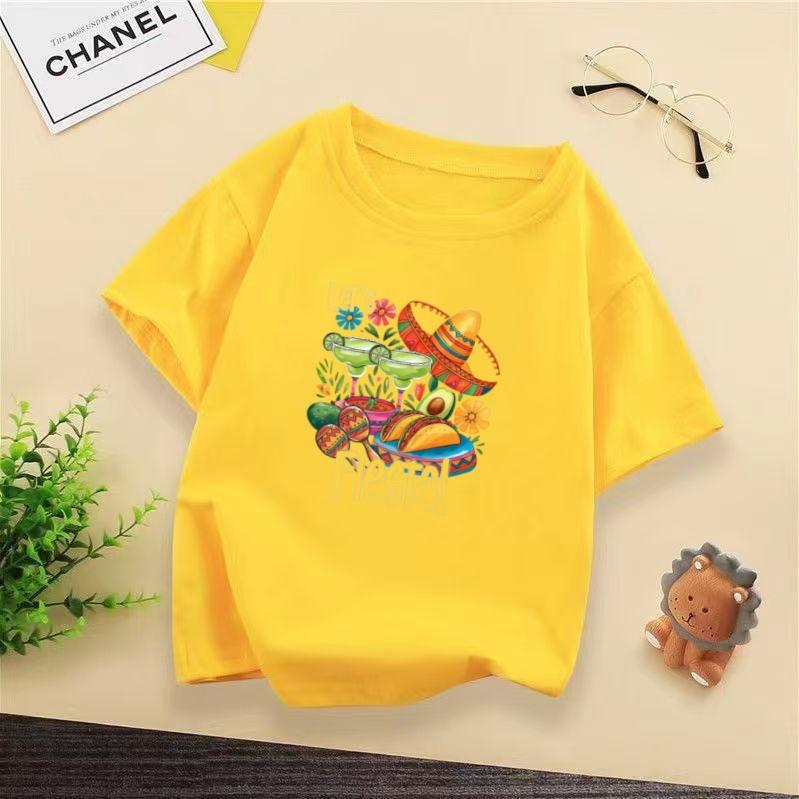 Cartoon Painted Mexico May 5th Festival Childrens Tshirt Ethnic Style Casual Short Sleeved Tshirt for Boys and Girls