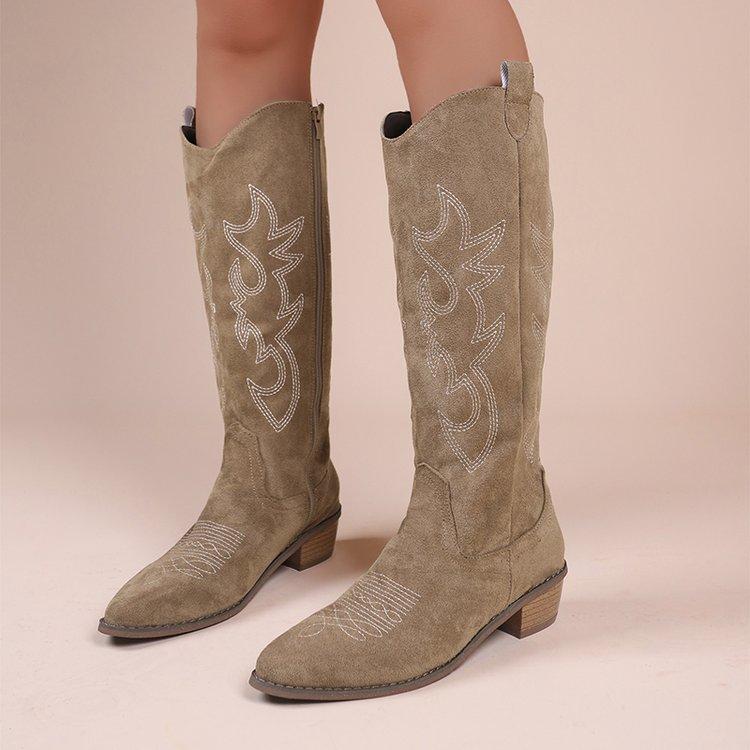 Retro Mid Length Embroidered Western Cowboy Boots Pointed Toe V neck Non Slip Knight Riding Boots for Women Fashion Winter Daily Wear