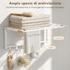 Foldable Wall Towel Rack with 5 Bars and 6 Hooks in Wood and Steel, 60x32.5x20 cm, White