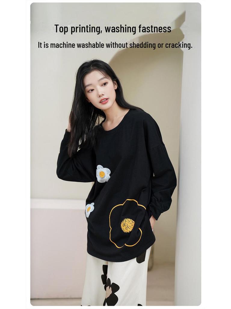 Женский пижамный комплект из чистого хлопка с длинными рукавами и нагрудными накладками — большой размер, весна/осень 2025 г.