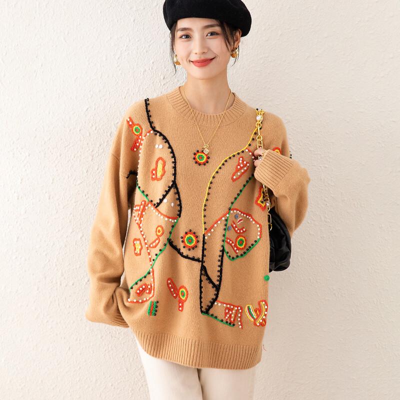 TUHUANG Women's Thickened Pure Wool Embroidered Beaded Round Neck Sweater