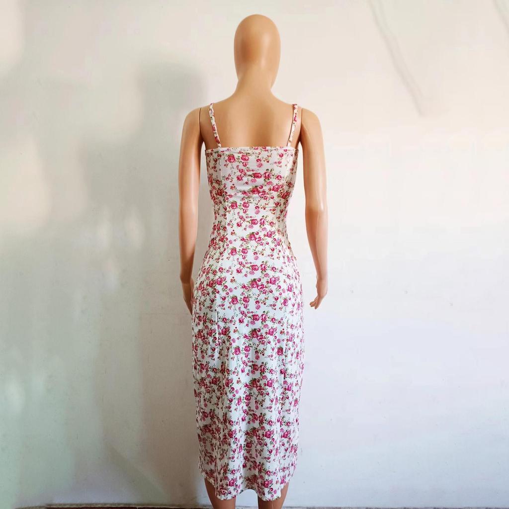Women Spring Sleeveless Floral Print Suspender Dress Summer Casual Pencil Ankle-Length Elastic High Waist Slit Bohemian Dresses