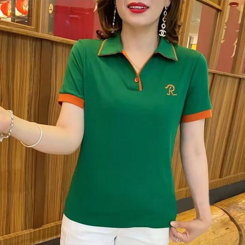 Lapel Short-sleeved Women's Summer Loose T-shirt Women's Summer Clothes Polo Collar Top Embroidered Mother's Suit