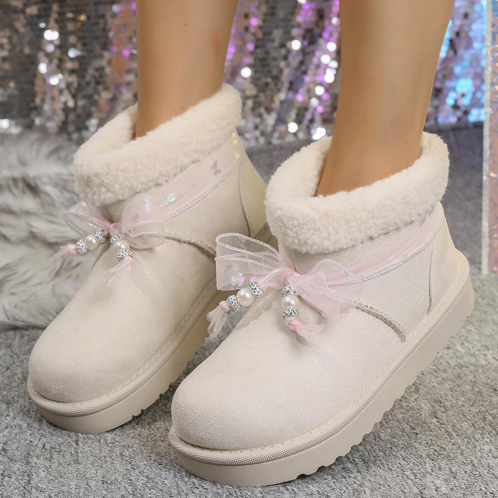 Fashion Bowtie Pearl Decor Winter Warm Ankle Boots Women Comfort Thick Sole Platform Casual Shoes Cotton Padded Thicken Plush Snow Boots