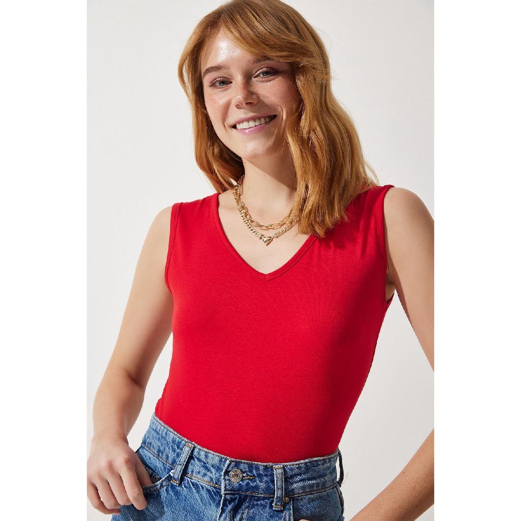 Deep Front Back V Neck Viscose Blouse Red