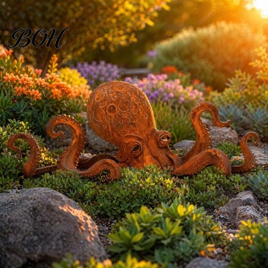 Rust-mottled Octopus Ornament Rust Patina Giant Squid Garden Sculpture, Handmade Metal Statue for Beachfront Villa Decoration Outdoor Lawn, Patio, and