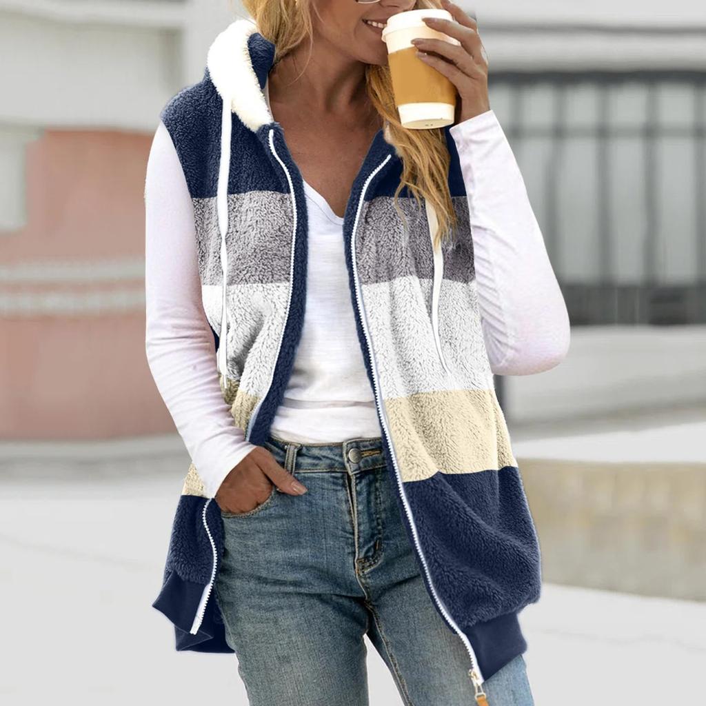 Women's Fashion Stitching Loose Hoodies Sleeveless Plush Zipper Coat