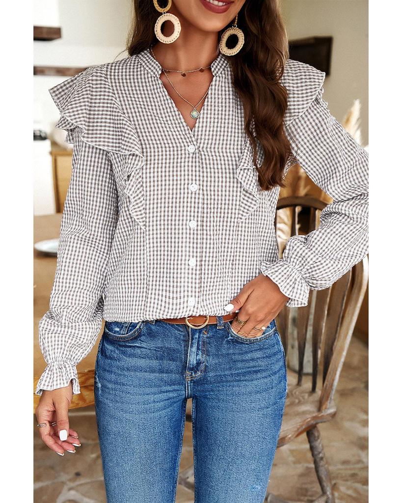 Azura Exchange Коричневая клетчатая рубашка с оборками на рукавах и вырезом на горловине